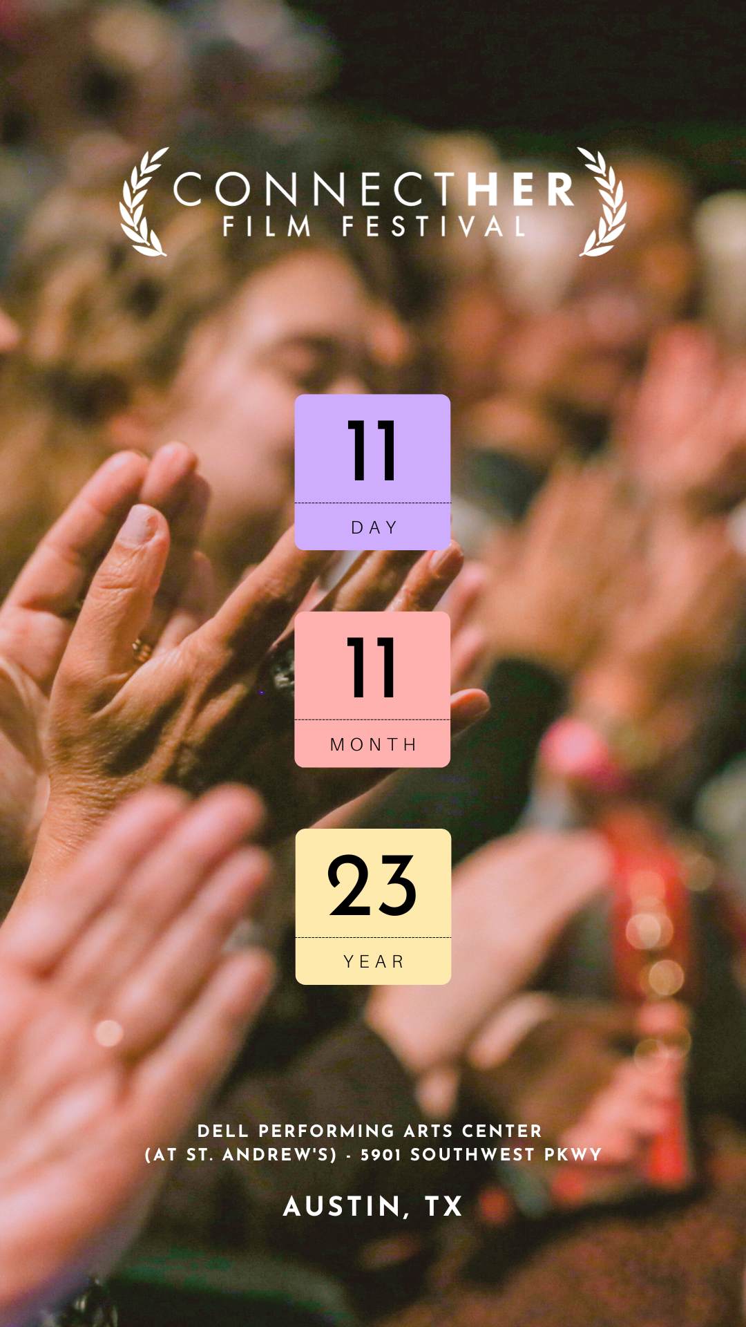 Banner shows a background image of an theater audience clapping. On top, one can see the date of the 2023 connectHER film festival, which is November 11.